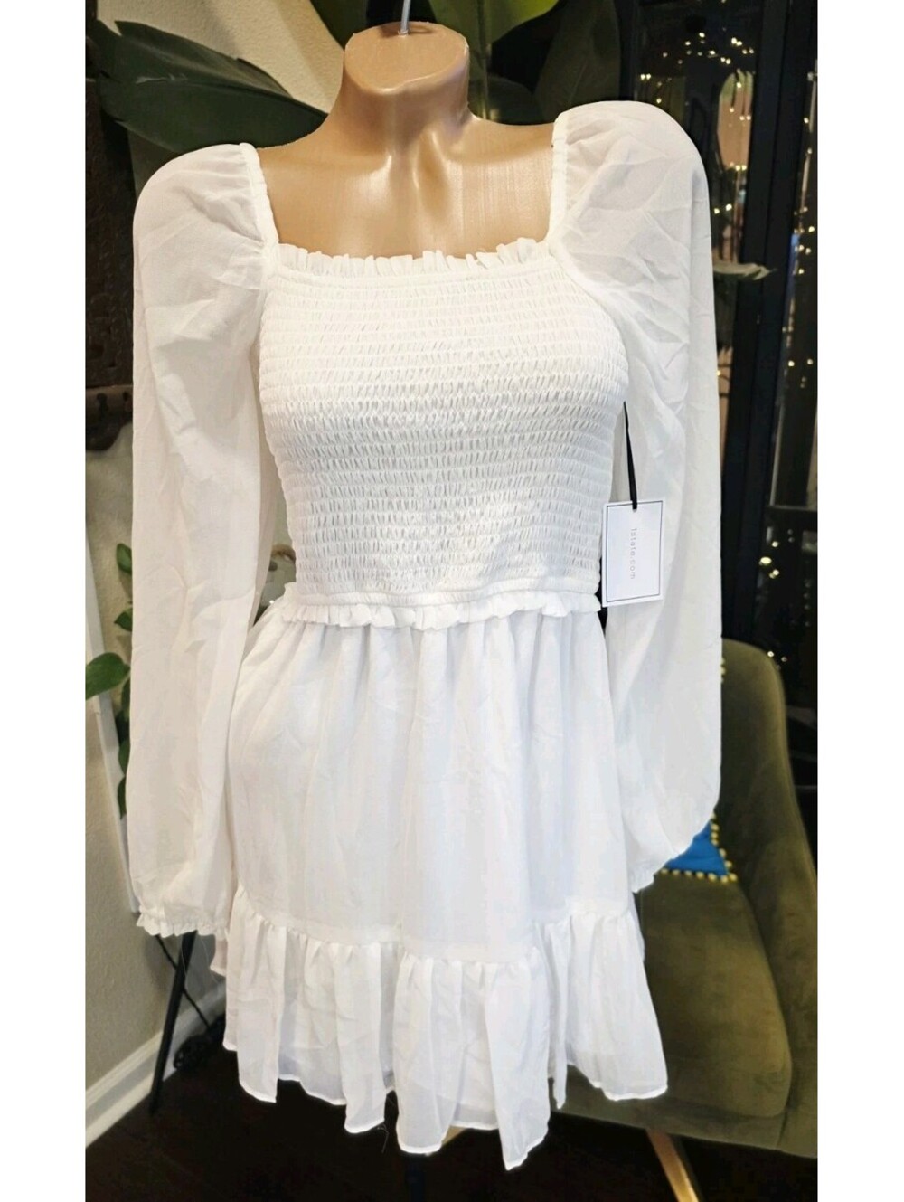NWT 1.STATE White Chiffon Smocked Mini Dress S Square Neck Puff Sleeve Ruffle